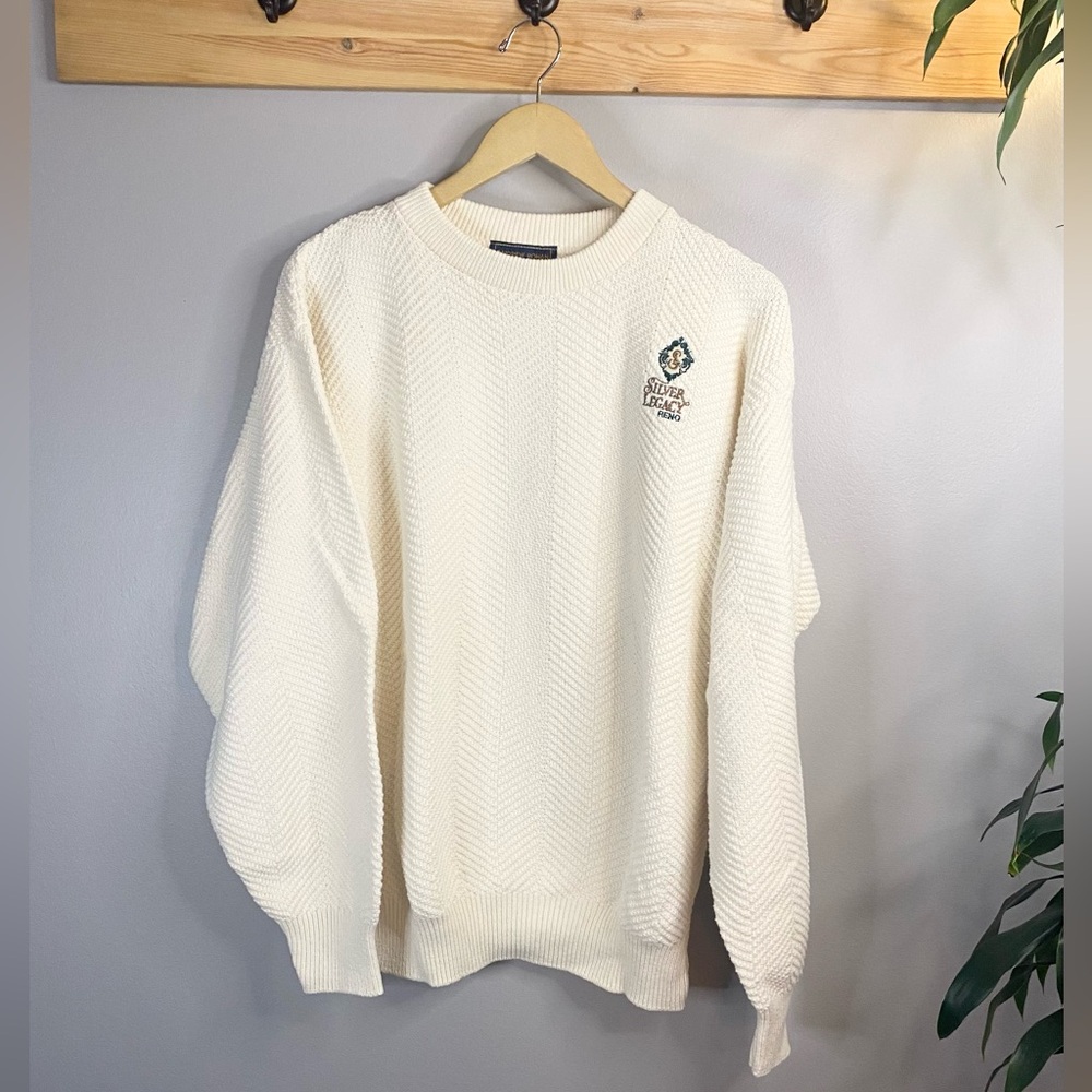 Vintage Preppy Sweater Andrew Rohan Embroidered Silver Legacy Reno 90s Y2K White